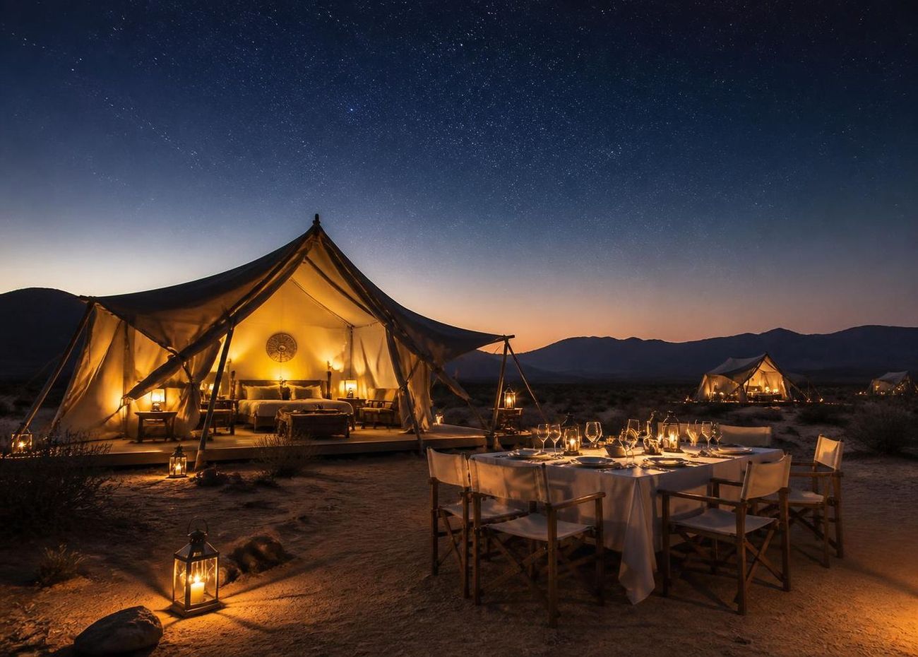 Luxury canvas glamping tent and candlelit fine dining table in the desert at night