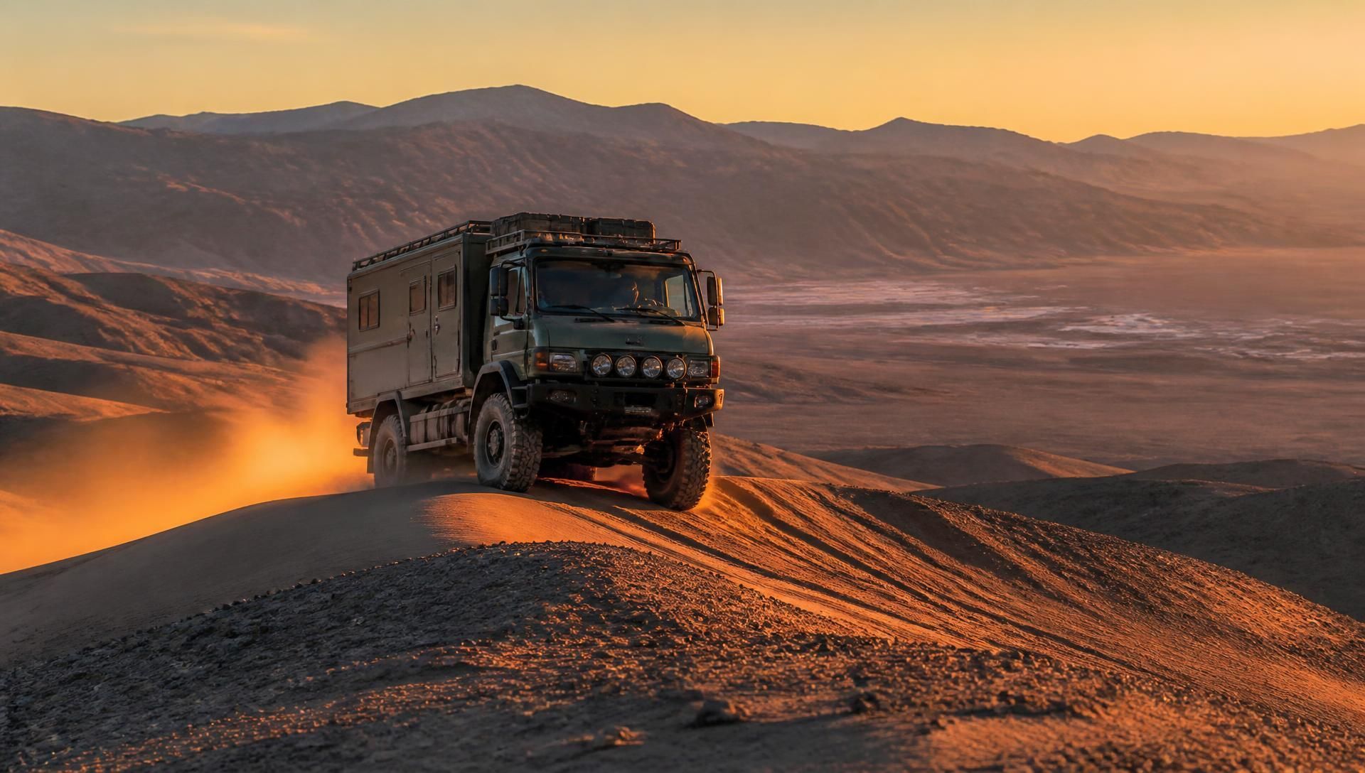 Overland expedition truck cresting a desert ridge at sunset in Death Valley