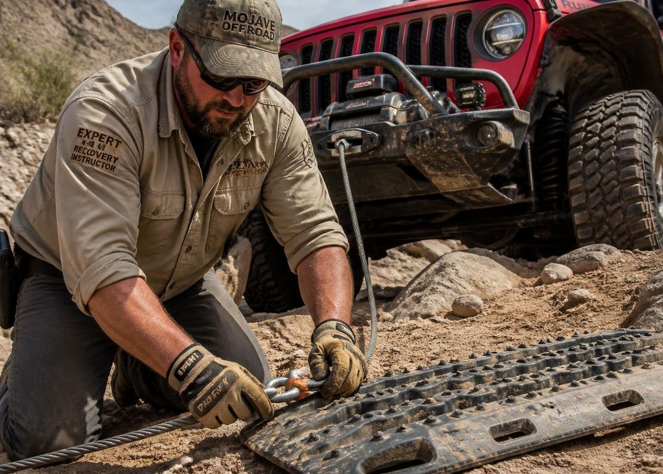 Guide rigging a winch line and traction board during off-road recovery training