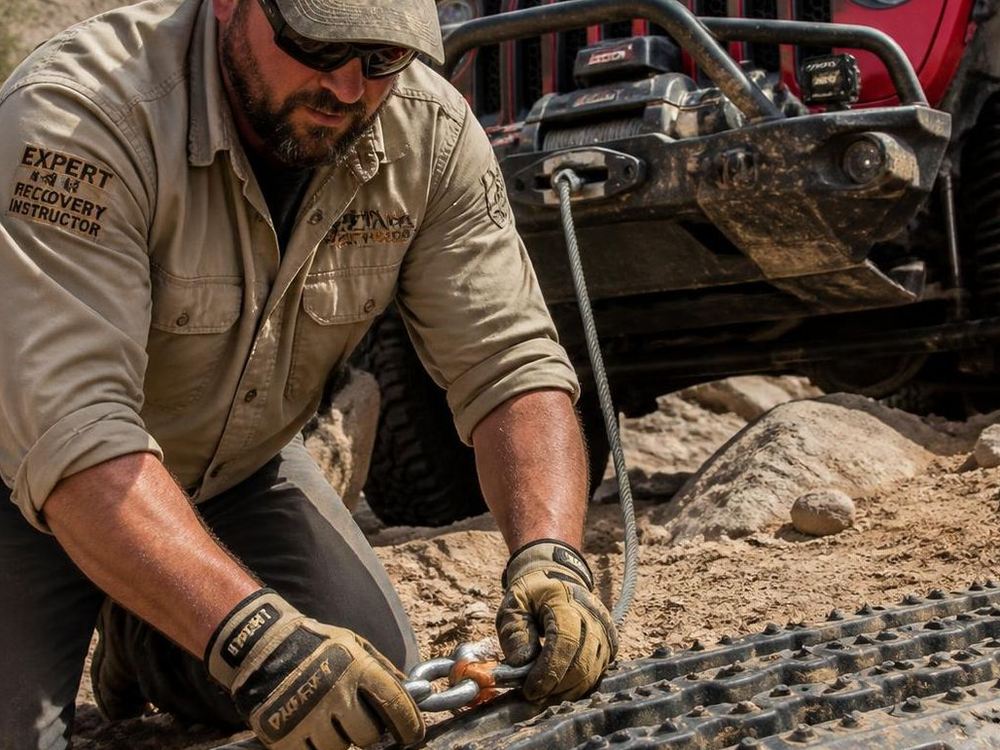 Guide working a winch line and traction board on rocky ground in the Mojave